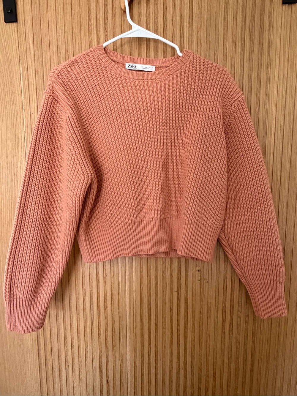 ZARA Peach Ribbed Knit Cropped Crewneck Sweater Salmon Pink Coral Small S